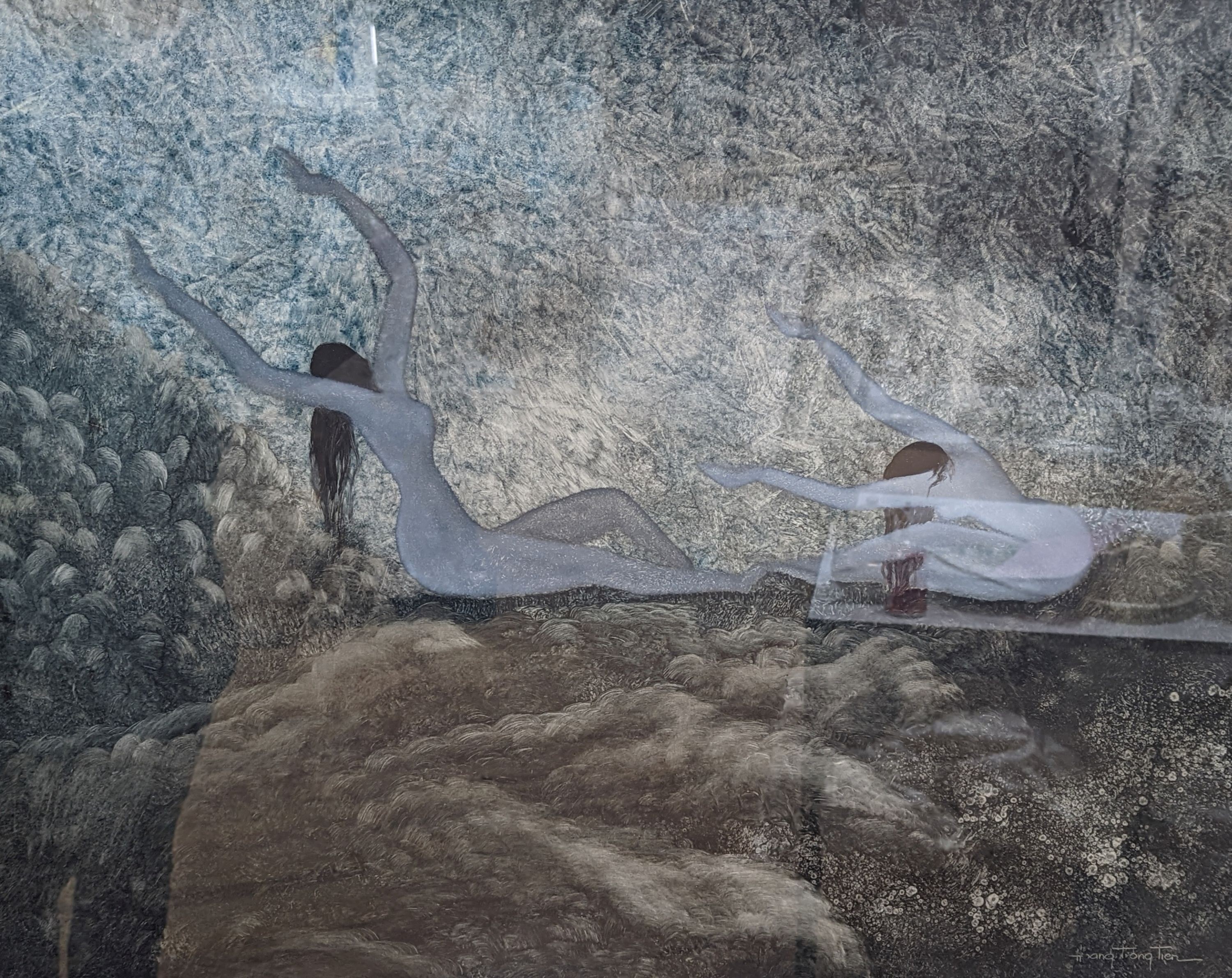 Hoang Trong Tien (Vietnamese), mixed media, Nudes in a landscape, signed, 59 x 75cm